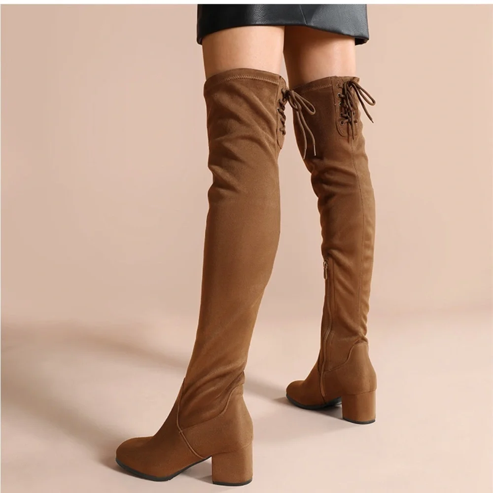 DREAM PAIRS Laurence Chunky Heel Thigh High Boots Brown-Suede Size 9